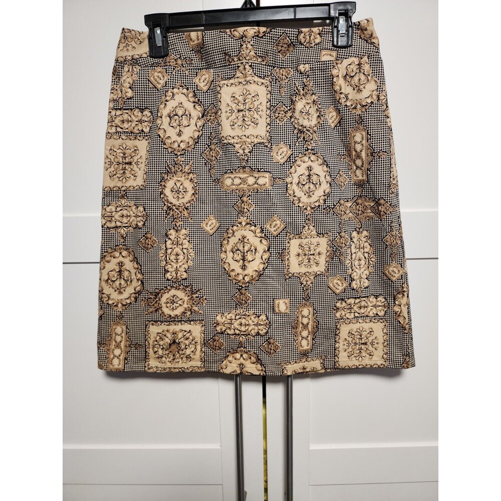 Talbots Skirt Womens 10 Beige Black Floral ALine Pockets Rear Slit Career USA